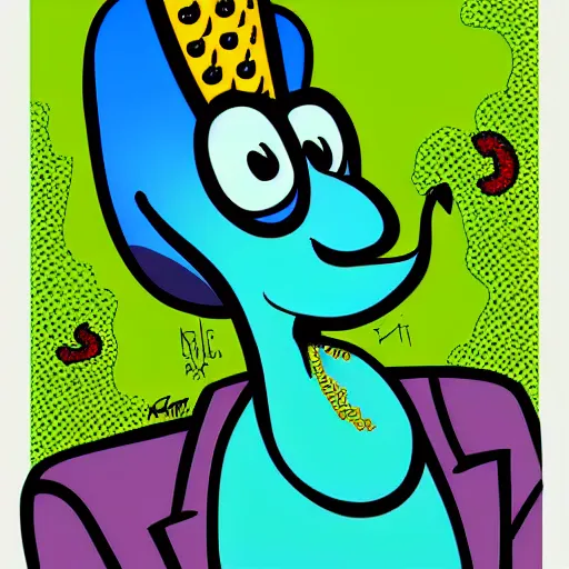 Prompt: don cryptonium as handsome squidward, pop art style, vivid colors, detailed portrait