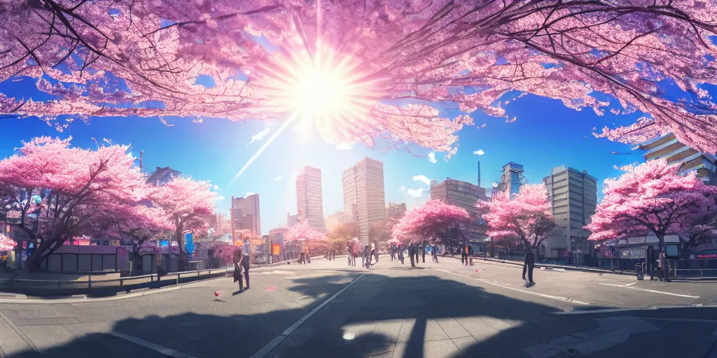 Image similar to anime style cityscape, spring season city, cherry blossoms blowing in the wind, day time, sun high in the sky, sun glare, clear weather, blue sky, tokyo japan, very few people walking, high detail and very sharp, detailed shading, artstation, wallpaper, kyoto animation productions, a silent voice