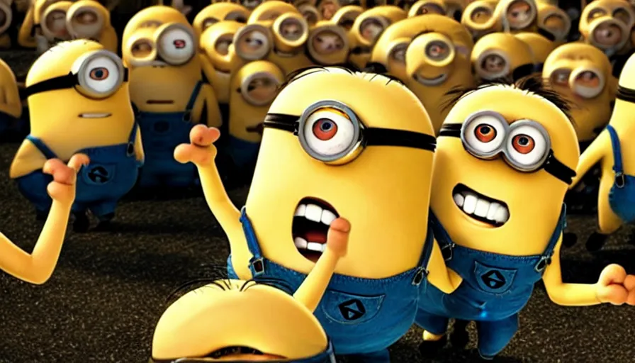 Image similar to fight!!! club!!!!, fight!!! club!!!! ((((the minions)))), movie still, directed by David fincher