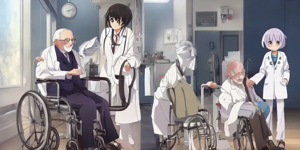 Image similar to a cute young female doctor wearing white coat, an old man of 80 years in a wheelchair, hospital ward, slice of life anime, cinematic, realistic, anime scenery by Naoshi Arakawa:8 and Makoto shinkai