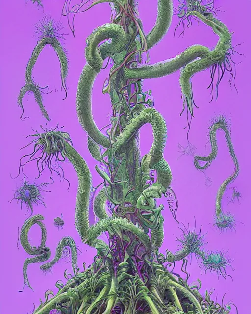 Image similar to scientific botanical illustration of beautiful alien plants with glowing parts, with slimy tentacles, trending on artstation, by james jean and simon stalenhag and zdzisław beksinski