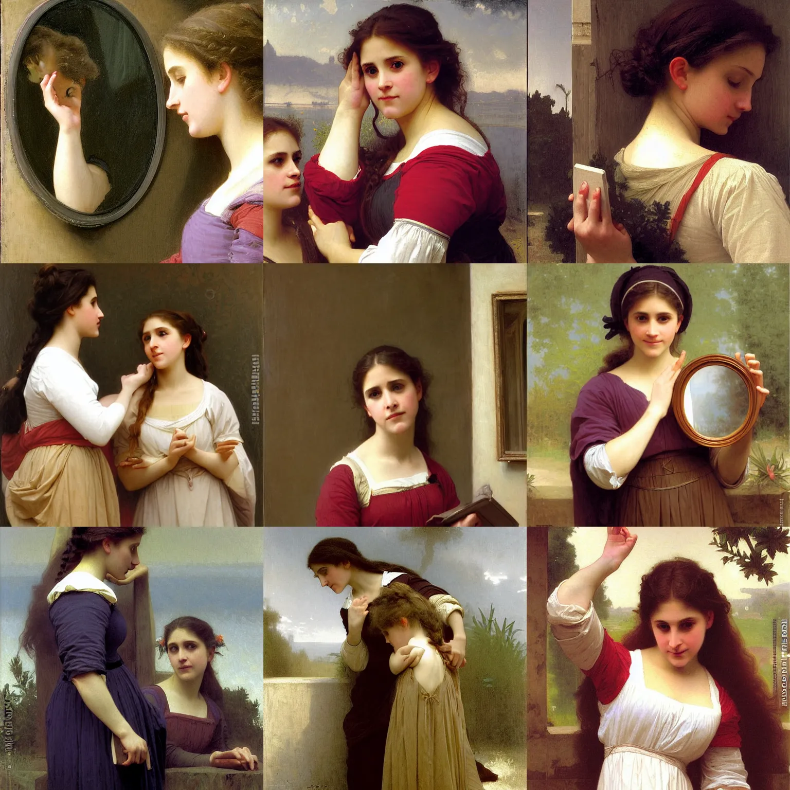 Prompt: painting by william adolphe bouguereau of pam beesly in medieval clothes looking at her reflection in the mirror, surprised expression, hands on face