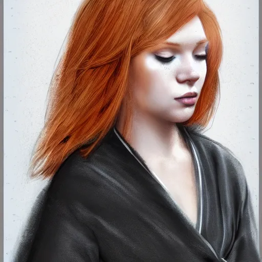 Prompt: studio portrait, a cute pretty 18 year old short pale ginger girl with freckles, ginger hair is middle parted, ginger hair is short, scowling, wearing a black robe, trending on art station, by wlop