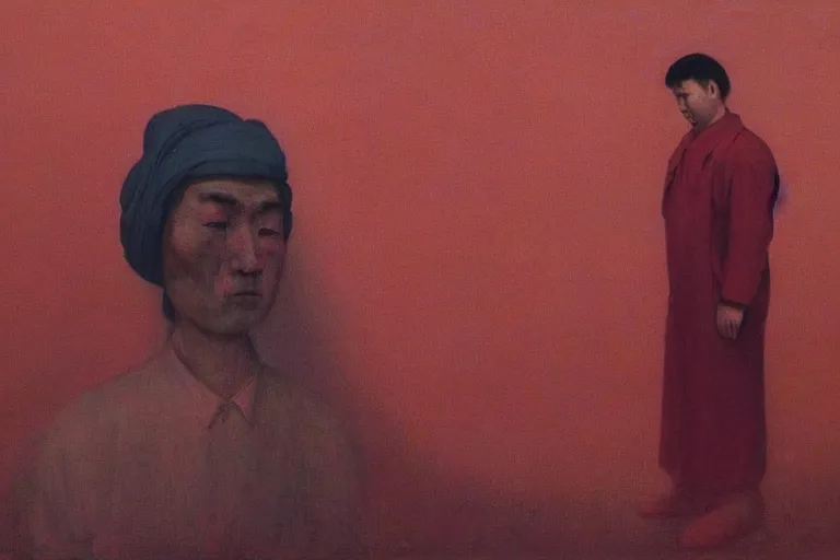 Image similar to a uyghur prisoner, in the style of beksinski, parts by edward hopper, parts by rodcenko, parts by yue minjun, intricate and epic composition, symmetrical, red by caravaggio, insanely quality, highly detailed, masterpiece, red light, artstation, 4 k
