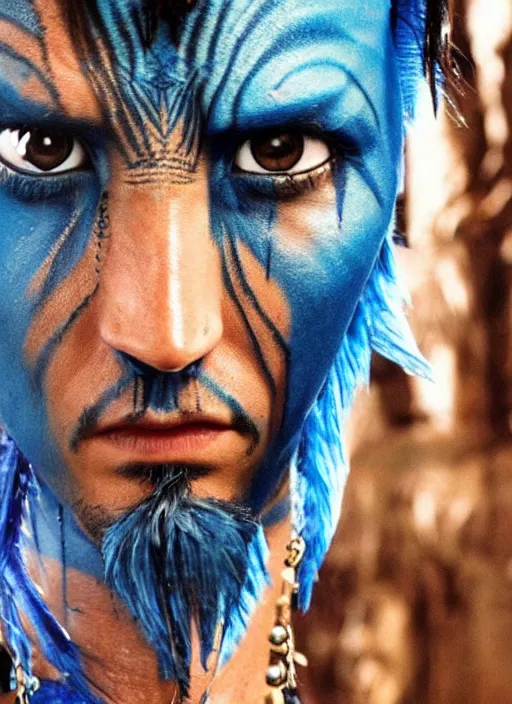 Prompt: johny Depp in the movie avatar as blue creature, tattoo's, warrior, movie poster