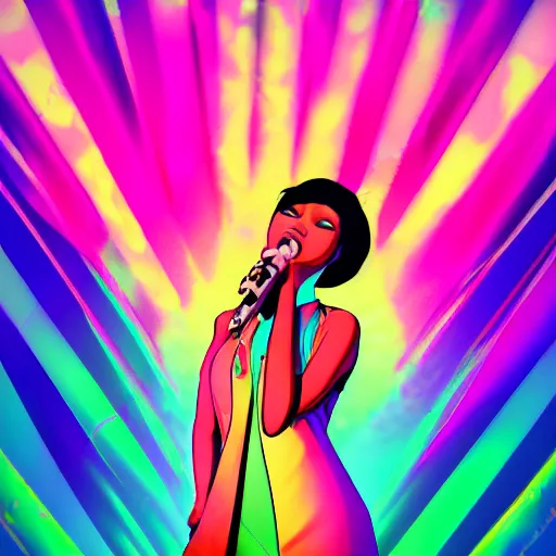 Image similar to beautiful blasian woman singing into microphone, hip hop vaporwave, abstract background, neon, photorealistic, detailed, 4k