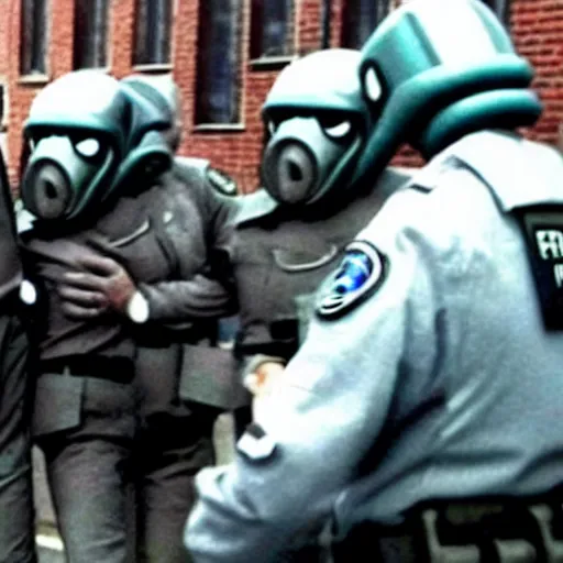 Image similar to an extraterrestrial grey xfiles alien reticulan being arrested by spetsnaz