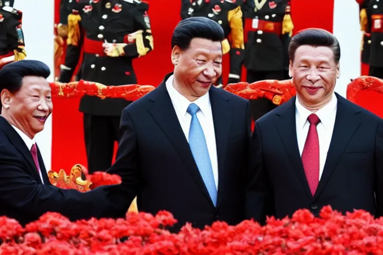 Prompt: xi jinping and arnold schwarzenegger shaking hands