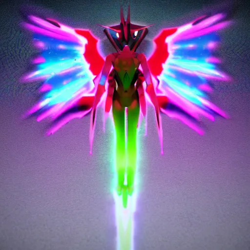 Image similar to evangelion angel invaders with neon rainbow wings colorful 4 k macabre dark background grim ceremonial path traced high definition detailed artstation realistic trending dramatic lighting dark and light contrast