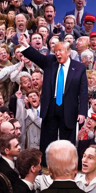 Prompt: donald trump as joe biden in springtime for hitler by mel brooks, by jesper ejsing, key lighting award winning photography arri alexa cinematography, big crowd, hyper real photorealistic cinematic beautiful, atmospheric cool colorgrade