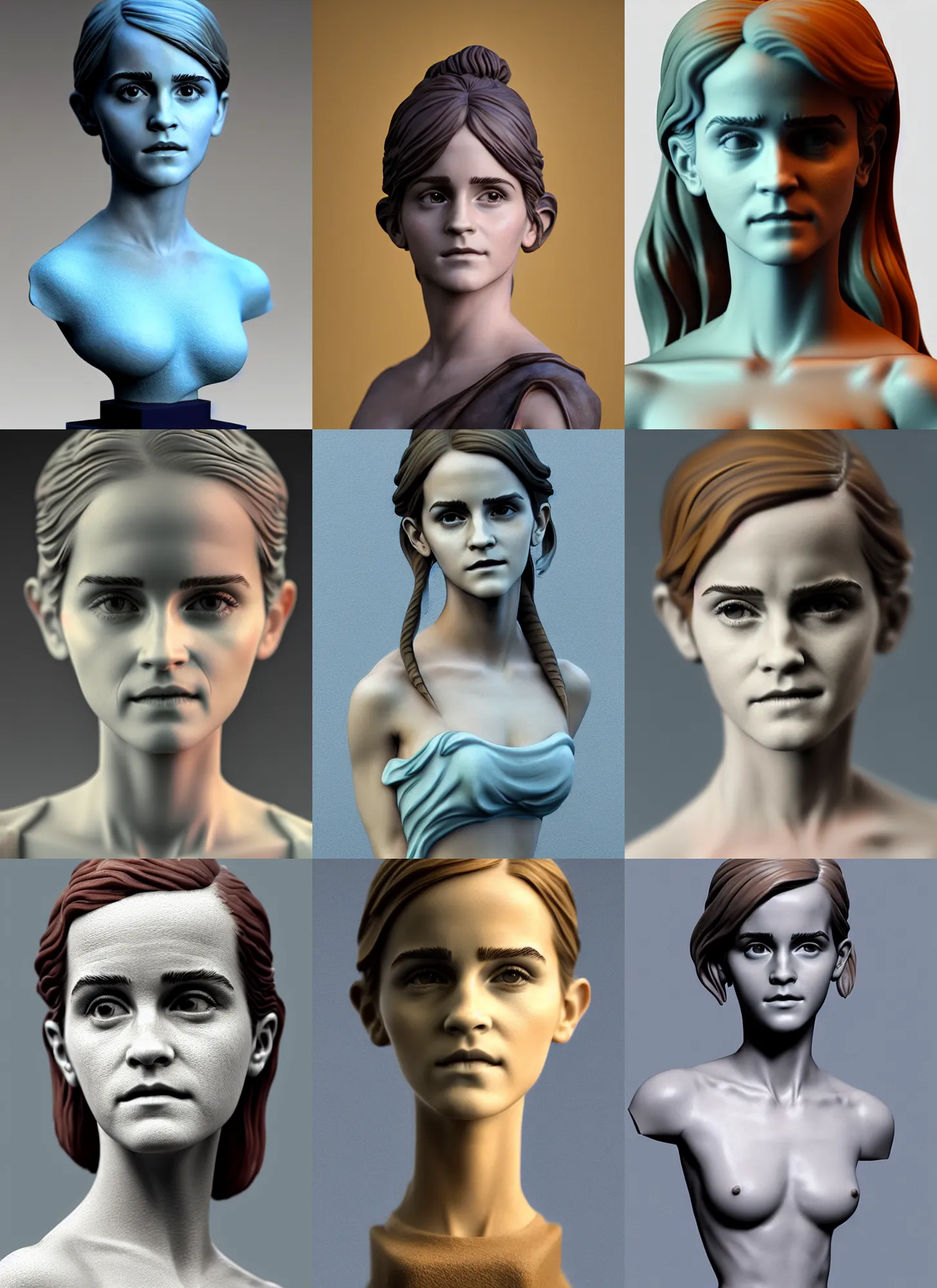 Prompt: 3D resin miniature sculpture of Emma Watson by Jean-Baptiste Carpeaux and Luo Li Rong, beautiful muscular body, perfect symmetrical face, colorful, fresh colors, half length shot, elegant, academic art, realistic, 8K, Product Introduction Photo, Hyperrealism. Subsurface scattering, raytracing, soft light, Octane Render, Redshift, Zbrush, simple background