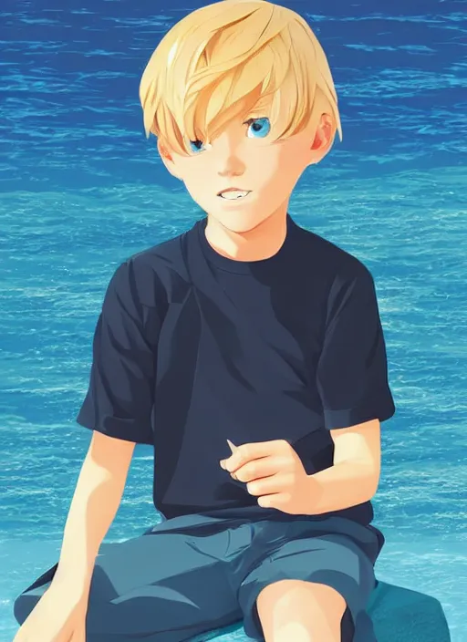 Image similar to a little boy with tousled blonde hair and blue eyes sitting on the beach. clean cel shaded vector art. shutterstock. behance hd by lois van baarle, artgerm, helen huang, by makoto shinkai and ilya kuvshinov, rossdraws, illustration, art by ilya kuvshinov