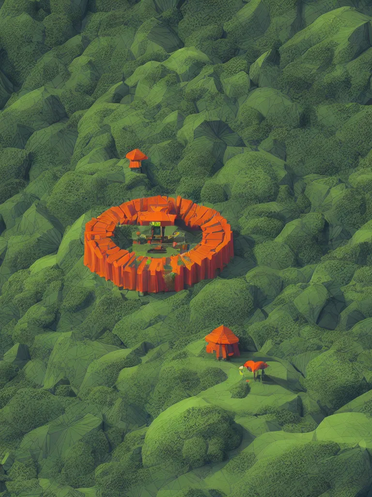 Prompt: Dojo on a mountain, Repetition and pattern, 3D matte illustration, bright green dark orange, Joe Fenton, John Jude Palencar, octane render, 8k, cinematic lighting