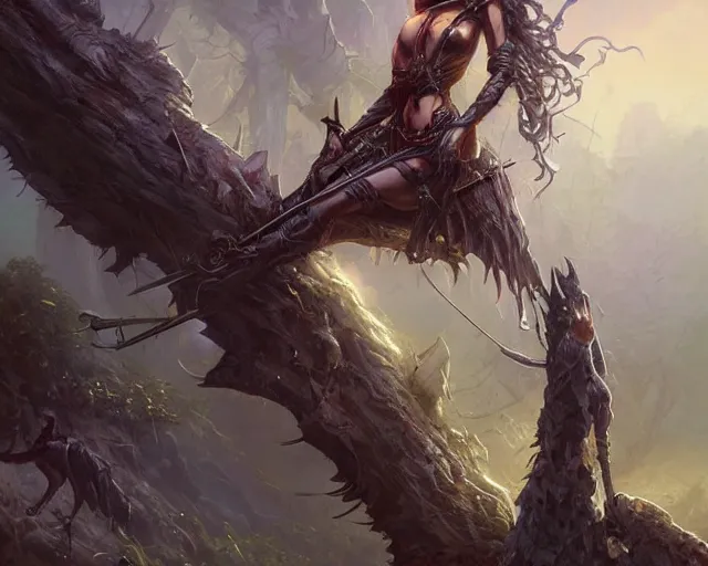 Prompt: Death is swallowed up in victory, artwork by artgerm, Long Bow and arrows, perched in a tree, full body shot, DD, fantasy, highly detailed, digital painting, artstation, smooth, sharp focus, art by thomas kinkade and Stephan Martiniere and Kevin Swartz