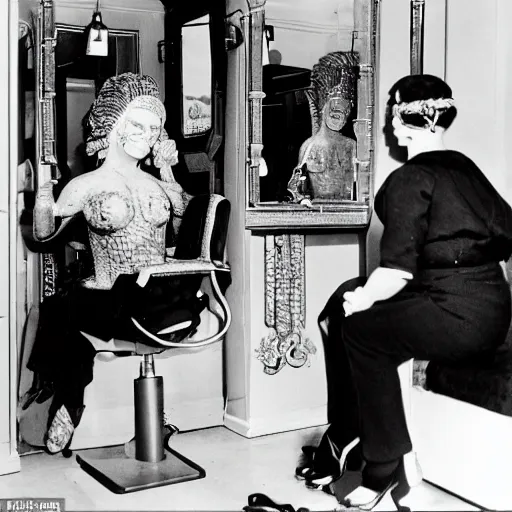 Prompt: Medusa the Gorgon chatting with her hairdresser at the salon in the 50s