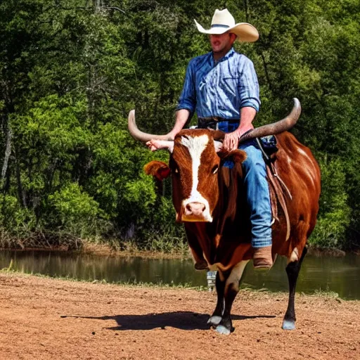 Prompt: a cowboy riding a cow next to the ozarks