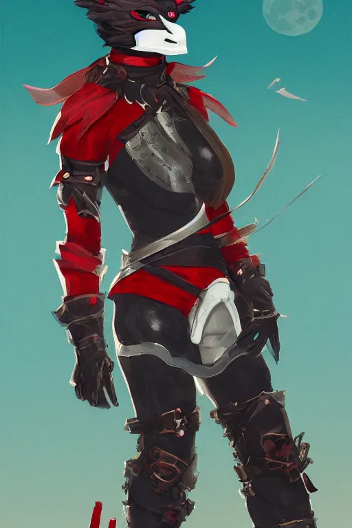 Image similar to female adventurer in tight full - body teal leather armor of japanese design with red accents and a white porcelain crow mask, trending in artstation, japanese, artstation, big moon in the background, establishing shot