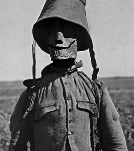 Image similar to a man at wearing a full head scarecrow mask in distance, ww1 film photo, grainy, high detail, high resolution