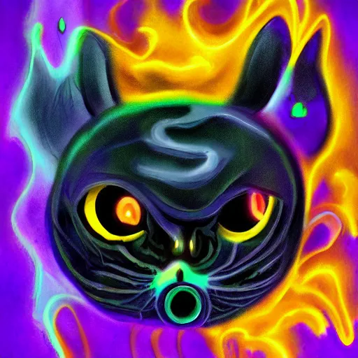 Image similar to a digital painting of lovecraftian ink slime cat with yellow glowing eyes