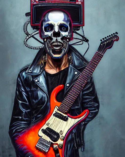 Prompt: a portrait of an anthropomorphic cyberpunk metal skull, shredding an electric guitar by sandra chevrier, by jon foster, detailed render, epic composition, cybernetics, 4 k realistic, fender stratocaster, cryengine, realistic shaded lighting, sharp focus, masterpiece, by enki bilal