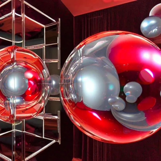 Prompt: chrome spheres on a red cube, lysergic