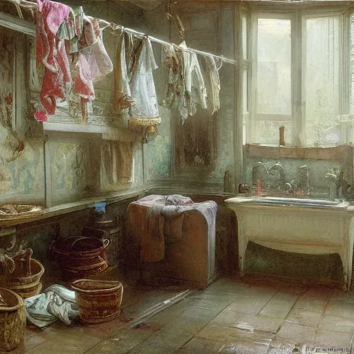 Prompt: detailed painting of a laundry room, floral ornaments, andreas achenbach,