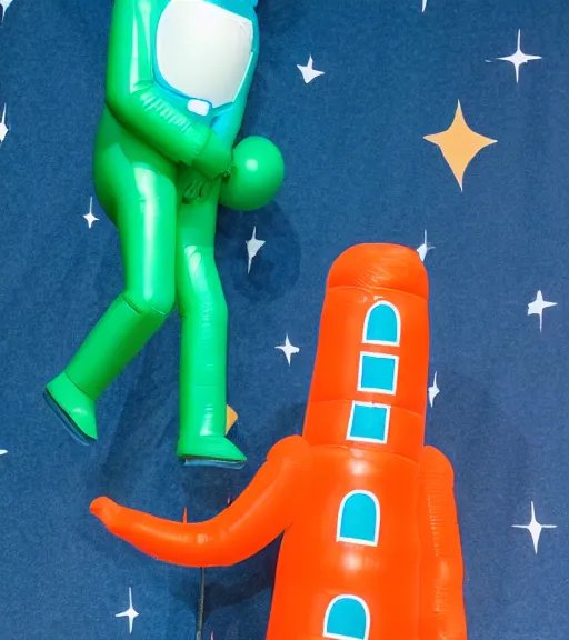 Prompt: a tall giant slender inflatable astronaut figure with an orange and teal suit, striding across a pink misty rocky landscape