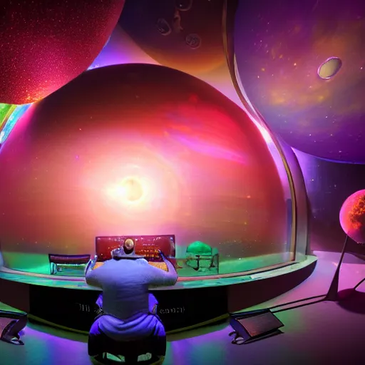 Image similar to a hyperrealistic 3D octane render of an elephant wearing an oculus rift and playing a keyboard inside of a dome planetarium with planets and galaxies, 8k, unreal engine, dramatic lighting, volumetric lighting, uplighting, ray tracing, photorealistic,