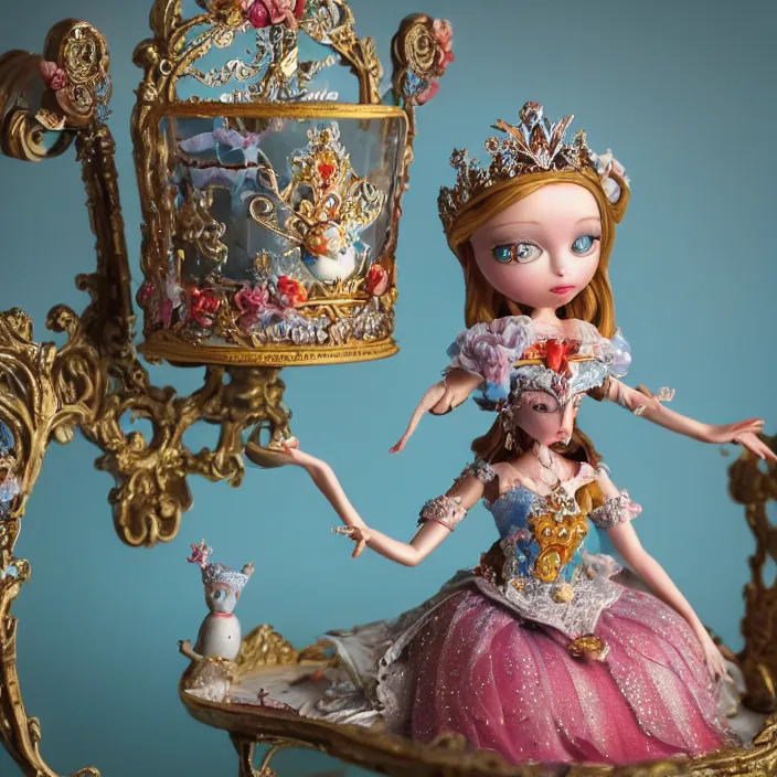 Image similar to closeup portrait of tin toy fairytale princess sitting on a throne wearing a crown eating cakes, depth of field, zeiss lens, detailed, symmetrical, centered, fashion photoshoot, by nicoletta ceccoli, mark ryden, lostfish, breathtaking, 8 k resolution, extremely detailed, beautiful, establishing shot, artistic, hyperrealistic, octane render