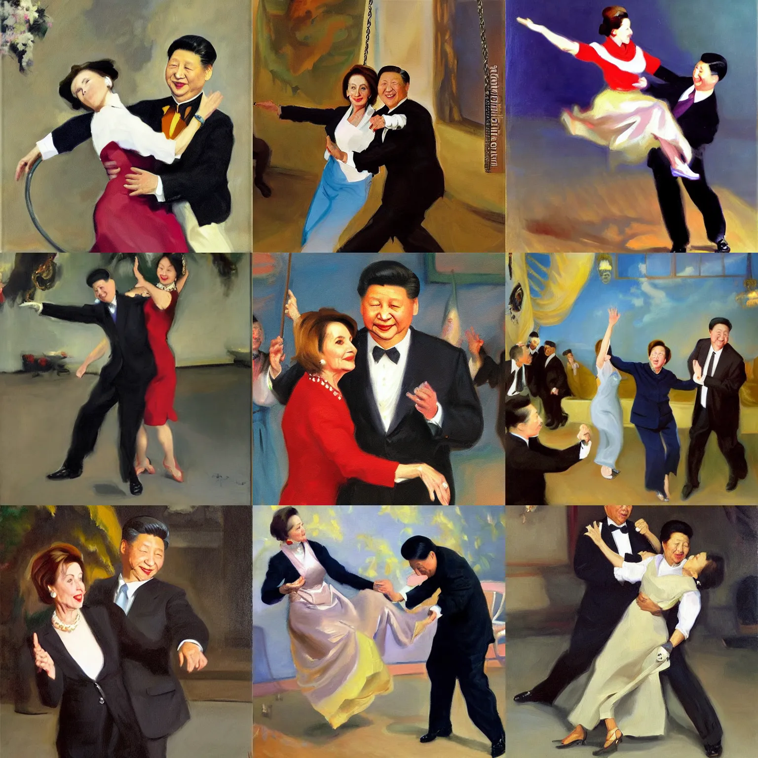 Prompt: nancy pelosi and xi jinping swing dancing, oil on canvas painting by john singer sargent