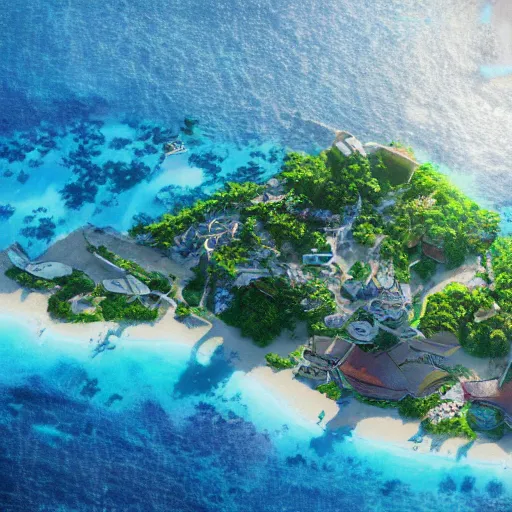 Image similar to a beautiful render of an anime island paradise from above by makoto shinkai, soft details, graphic art