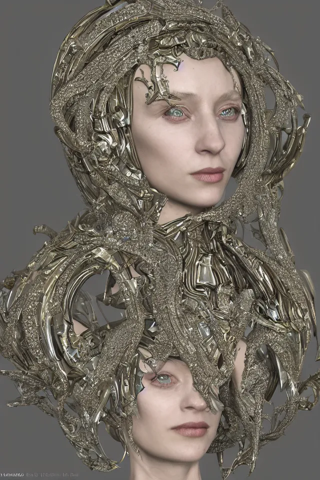 Image similar to portrait of a beautiful ancient alien techno matrix beautiful goddess in iris van herpen dress in diamonds and fractals in style of alphonse mucha art nuvo dmt trending on artstation made in unreal engine 4