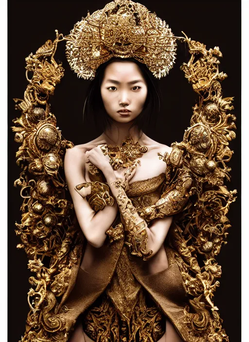 Prompt: a portrait of asian female by stefan geselle and nekro borja, photorealistic, intricate details, hyper realistic, fantasy, elegant, baroque gold headpiece, photorealistic, canon r 3, photography, wide shot, symmetrical features, symmetrical pose, wide angle shot, head to toe, standing pose, feet on the ground, wearable art