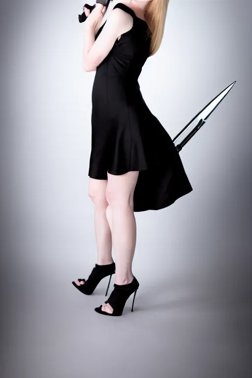 Prompt: detailed studio photo of cute sexy emily skinner cosplaying annie leonhart wearing sexy jet - black dress, wearing open toe heels, pale skin, studio lighting, sharp focus, backlit, smooth, hard focus, full body shot