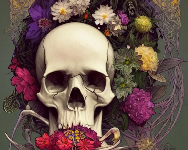Prompt: a skull made from a beautiful assortment of colorful flowers growing out of the eye holes and nostril holes, art nouveau, artstation, cgsociety, art by artgerm and greg rutkowski and alphonse mucha