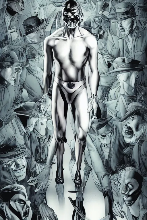 Image similar to aesthetic digital illustration of a handsome young man standing in an empty white room by brian bolland, rachel birkett, alex ross, and neal adams | sinister, dangerous, character concept, concept art, unreal engine, finalrender, centered, deviantart, artgerm