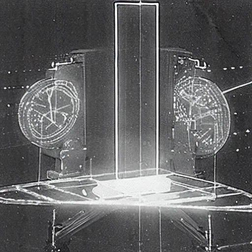 Image similar to grainy 1800s photo of a mechanical apparatus that is projecting a hologram used to communicate with an artificial intelligence