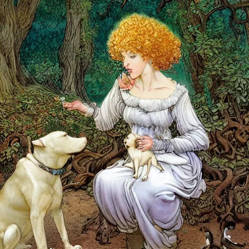 Prompt: pretty girl with curly blonde hair sits in a forest while petting a white pitbull, highly detailed, painting by rebecca guay