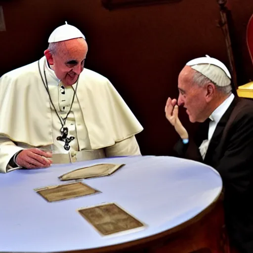 Prompt: the pope in a spiritism session, round table