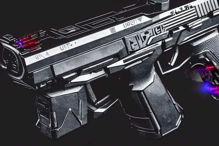 Prompt: cyberpunk ultra high tech pistol with cat engraving, sci - fi, blade runner, cyberpunk, high tech, futurism, exoskeleton, symmetry, cinematic, elegant, luxury, perfect light, perfect composition, dlsr photography, sharp focus, 8 k, ultra hd, sense of awe, highly detailed, realistic, intricate, weapon journal cover