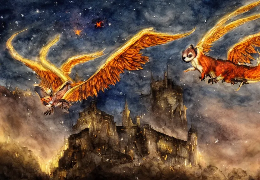 Image similar to legendary fire winged possum flying over a medieval castle under the dark starred sky, dark fantasy, watercolor, dreaming illusion, highly detailed, 4k, trending on Artstation, award-winning