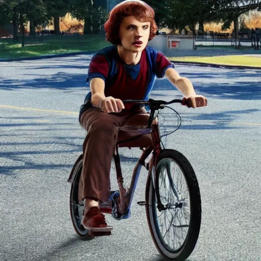 Image similar to eleven from stranger things riding a bike