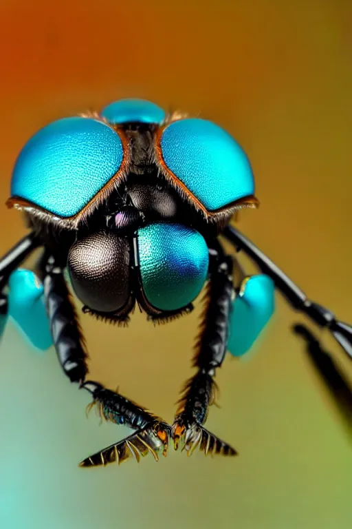 Image similar to high quality macro robot warrior metallic tachinid fly! gorgeous highly detailed hannah yata elson peter cinematic turquoise lighting high quality low angle hd 8k sharp shallow depth of field