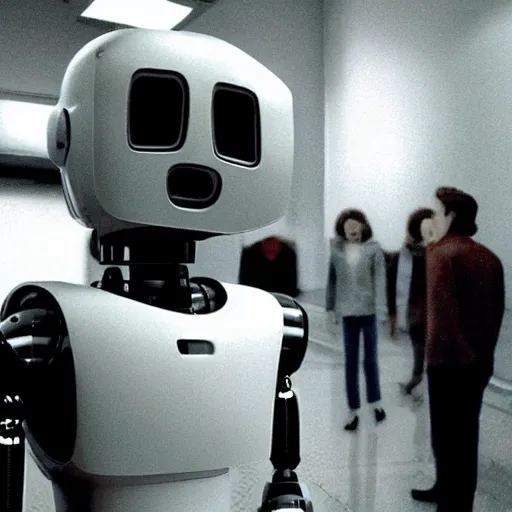 Prompt: Possession of a robot, movie by Andrzej Żuławski, movie still, robot head and man head looking to the side, dop