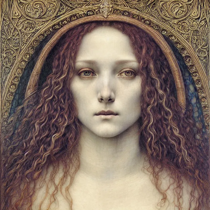 Image similar to detailed realistic beautiful young medieval queen face portrait by jean delville, gustave dore and marco mazzoni, art nouveau, symbolist, visionary, gothic, pre - raphaelite. horizontal symmetry