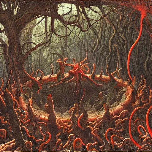 Prompt: crouching demons forming a circle in the woods, by Dan Seagrave and by Dan Witz, glossy digital painting, 8k resolution