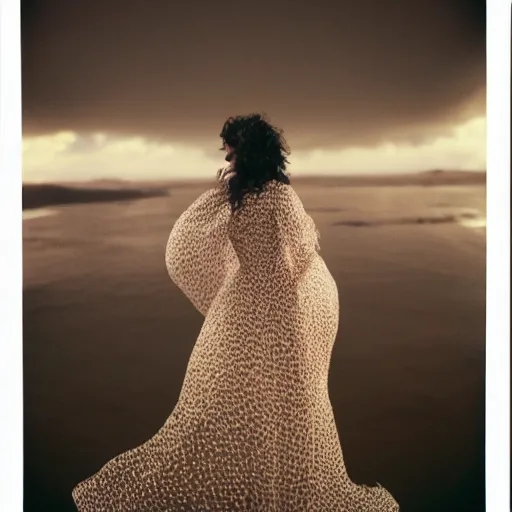 Image similar to Fashion photography of a woman wearing a dress inspired by a jellyfish, from behind, artistic photography, insanely detailed, chiaroscuro, cinestill 800t, Vogue magazine