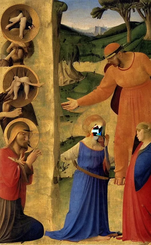 Image similar to painting by fra angelico of blindfolded!!!!!! the mocking of christ holding cornucopia!!!! 1 4 4 0 early renaissance painting, fresco! eerie, ominous, distressing