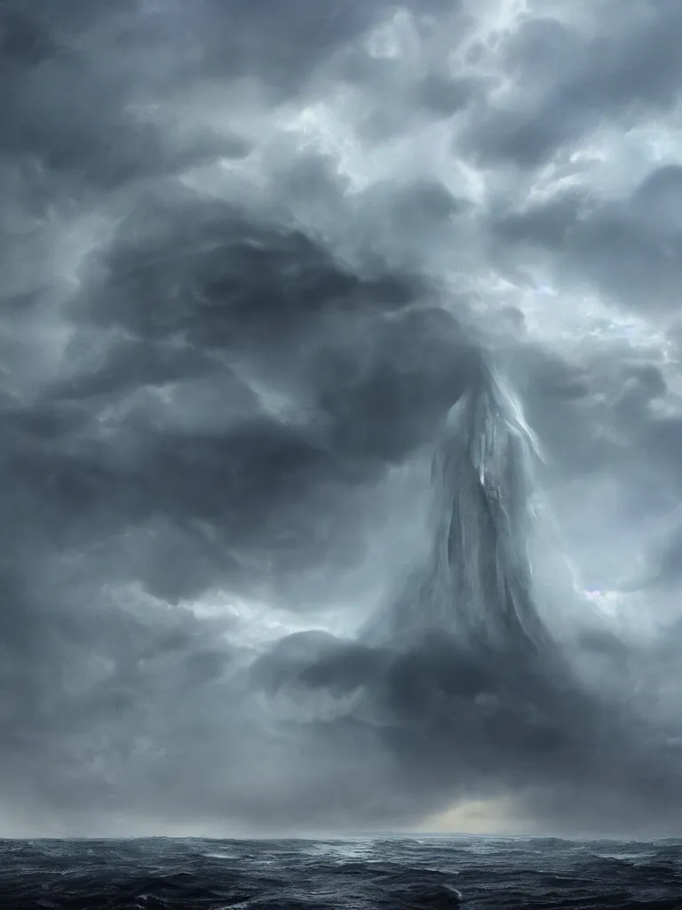 Image similar to Cthulhu rising from a stormy sea, towering over the coastline during a thunderstorm, dramatic, ominous clouds, ground mist, featured on artstation, 4k