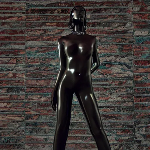 Image similar to very very beautiful dark black marble statue of a beautiful woman with colorful motocross logos on the wall behinder in the background in the style of virgil abloh, dark soft lighting, cinematic, detailed, off white, heron preston, 8 k, 4 k, detailed, beautiful, symmetrical, vogue, editorial, fashion, magazine, museum lighting, night time, dark